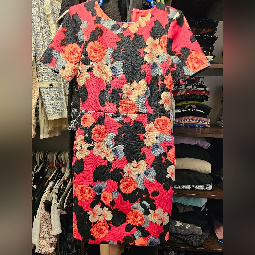 J. Crew 00 Vibrant Pink and Black Floral Midi Dress